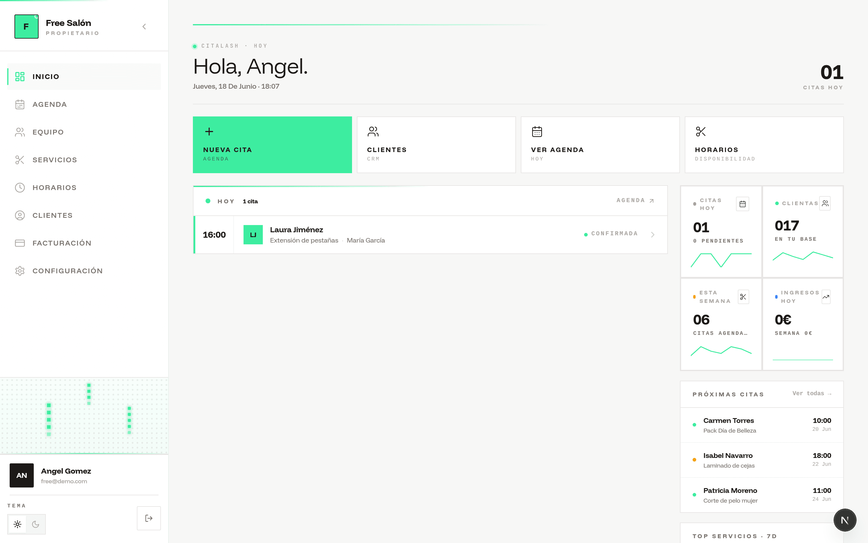 Panel de CitaLash: agenda del día, próximas citas, base de clientas e ingresos en un solo dashboard